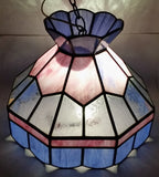 Vintage Pink Blue and Clear Slag Marble Stained Glass Swag Hanging Lamp Light Fixture