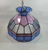 Vintage Pink Blue and Clear Slag Marble Stained Glass Swag Hanging Lamp Light Fixture