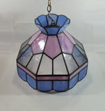 Vintage Pink Blue and Clear Slag Marble Stained Glass Swag Hanging Lamp Light Fixture