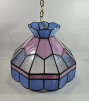 Vintage Pink Blue and Clear Slag Marble Stained Glass Swag Hanging Lamp Light Fixture