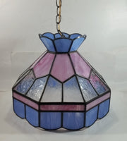 Vintage Pink Blue and Clear Slag Marble Stained Glass Swag Hanging Lamp Light Fixture