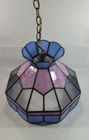 Vintage Pink Blue and Clear Slag Marble Stained Glass Swag Hanging Lamp Light Fixture