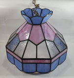 Vintage Pink Blue and Clear Slag Marble Stained Glass Swag Hanging Lamp Light Fixture