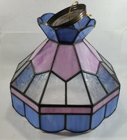 Vintage Pink Blue and Clear Slag Marble Stained Glass Swag Hanging Lamp Light Fixture