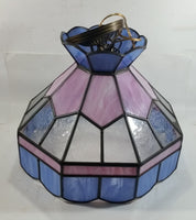 Vintage Pink Blue and Clear Slag Marble Stained Glass Swag Hanging Lamp Light Fixture