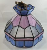 Vintage Pink Blue and Clear Slag Marble Stained Glass Swag Hanging Lamp Light Fixture