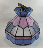 Vintage Pink Blue and Clear Slag Marble Stained Glass Swag Hanging Lamp Light Fixture