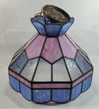 Vintage Pink Blue and Clear Slag Marble Stained Glass Swag Hanging Lamp Light Fixture