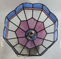 Vintage Pink Blue and Clear Slag Marble Stained Glass Swag Hanging Lamp Light Fixture