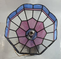 Vintage Pink Blue and Clear Slag Marble Stained Glass Swag Hanging Lamp Light Fixture