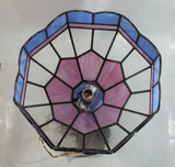 Vintage Pink Blue and Clear Slag Marble Stained Glass Swag Hanging Lamp Light Fixture