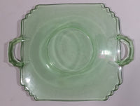 Antique Green Uranium Glass Flat Square Serving Dish with Handles