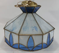 Vintage Blue and White Clear Slag Marble Stained Glass Swag Hanging Lamp Light Fixture