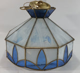 Vintage Blue and White Clear Slag Marble Stained Glass Swag Hanging Lamp Light Fixture