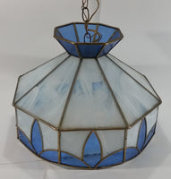 Vintage Blue and White Clear Slag Marble Stained Glass Swag Hanging Lamp Light Fixture