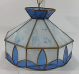 Vintage Blue and White Clear Slag Marble Stained Glass Swag Hanging Lamp Light Fixture