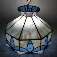 Vintage Blue and White Clear Slag Marble Stained Glass Swag Hanging Lamp Light Fixture