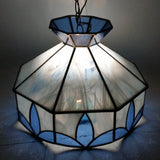 Vintage Blue and White Clear Slag Marble Stained Glass Swag Hanging Lamp Light Fixture