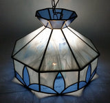 Vintage Blue and White Clear Slag Marble Stained Glass Swag Hanging Lamp Light Fixture