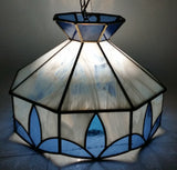 Vintage Blue and White Clear Slag Marble Stained Glass Swag Hanging Lamp Light Fixture