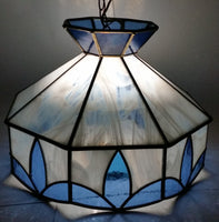 Vintage Blue and White Clear Slag Marble Stained Glass Swag Hanging Lamp Light Fixture