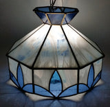 Vintage Blue and White Clear Slag Marble Stained Glass Swag Hanging Lamp Light Fixture