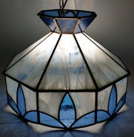 Vintage Blue and White Clear Slag Marble Stained Glass Swag Hanging Lamp Light Fixture