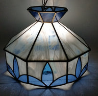 Vintage Blue and White Clear Slag Marble Stained Glass Swag Hanging Lamp Light Fixture