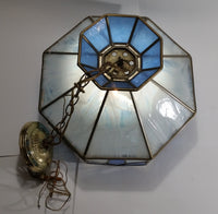 Vintage Blue and White Clear Slag Marble Stained Glass Swag Hanging Lamp Light Fixture