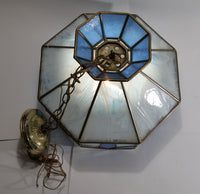 Vintage Blue and White Clear Slag Marble Stained Glass Swag Hanging Lamp Light Fixture