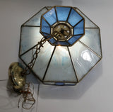 Vintage Blue and White Clear Slag Marble Stained Glass Swag Hanging Lamp Light Fixture