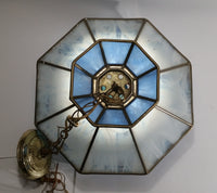 Vintage Blue and White Clear Slag Marble Stained Glass Swag Hanging Lamp Light Fixture