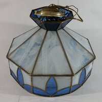 Vintage Blue and White Clear Slag Marble Stained Glass Swag Hanging Lamp Light Fixture