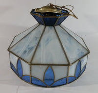 Vintage Blue and White Clear Slag Marble Stained Glass Swag Hanging Lamp Light Fixture