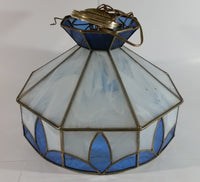 Vintage Blue and White Clear Slag Marble Stained Glass Swag Hanging Lamp Light Fixture