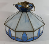 Vintage Blue and White Clear Slag Marble Stained Glass Swag Hanging Lamp Light Fixture