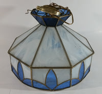 Vintage Blue and White Clear Slag Marble Stained Glass Swag Hanging Lamp Light Fixture