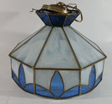 Vintage Blue and White Clear Slag Marble Stained Glass Swag Hanging Lamp Light Fixture