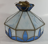 Vintage Blue and White Clear Slag Marble Stained Glass Swag Hanging Lamp Light Fixture