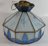 Vintage Blue and White Clear Slag Marble Stained Glass Swag Hanging Lamp Light Fixture