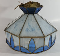 Vintage Blue and White Clear Slag Marble Stained Glass Swag Hanging Lamp Light Fixture