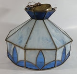 Vintage Blue and White Clear Slag Marble Stained Glass Swag Hanging Lamp Light Fixture