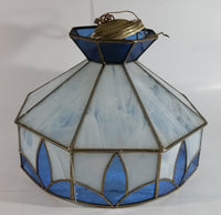 Vintage Blue and White Clear Slag Marble Stained Glass Swag Hanging Lamp Light Fixture