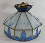 Vintage Blue and White Clear Slag Marble Stained Glass Swag Hanging Lamp Light Fixture