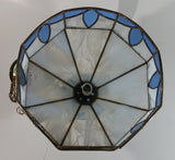 Vintage Blue and White Clear Slag Marble Stained Glass Swag Hanging Lamp Light Fixture