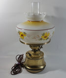 Antique Brass Base Porcelain Milk Glass Style Bulb Flower Shape Shade with Frosted Flume Electric Plug In Lamp Light