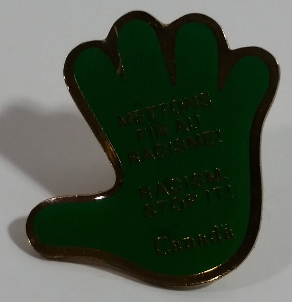 Canada Racism Stop It! English French Hand Shaped Green Enamel Metal Lapel Pin