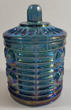 Vintage Indiana Windsor Blue Purple Iridescent Rainbow 4 3/4" Tall Carnival Glass Sugar Bowl with Lid