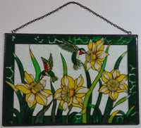 Beautifully Designed Hummingbirds Feeding on Yellow and White Flowers 12" x 18" Metal Framed Stained Painted Glass Window Pane Sun Catcher