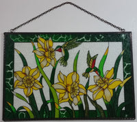 Beautifully Designed Hummingbirds Feeding on Yellow and White Flowers 12" x 18" Metal Framed Stained Painted Glass Window Pane Sun Catcher